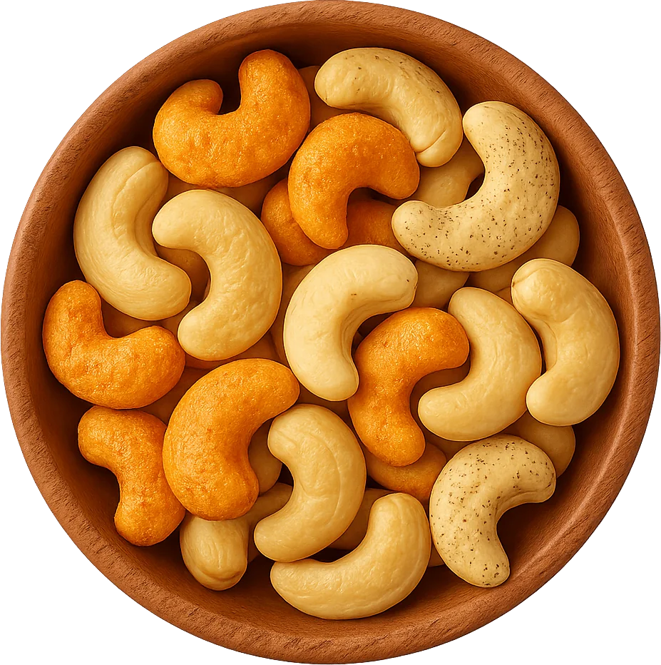 A wooden bowl of plain and chilli-roasted KIRBS cashews, seen from above